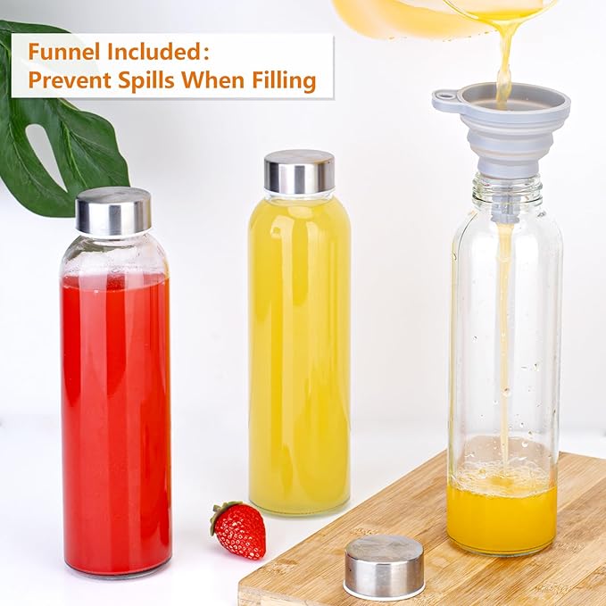 Zukro Glass Water Bottles with Lids 18 oz, 10 Pack Reusable Juice Bottles With Stainless Steel Airtight Cap for Juicing, Leak Proof Clear Drinking Jar Beverage storage container for Fridge, BPA Free