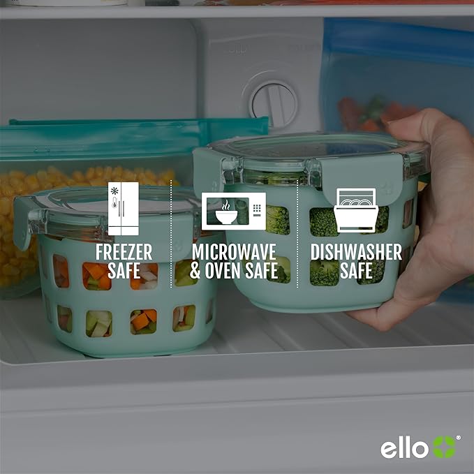 Ello DuraGlass Rounds Glass Food Storage Containers - Meal Prep Bowls with Silicone Sleeve and Airtight Lids, 2 Cup, Yucca