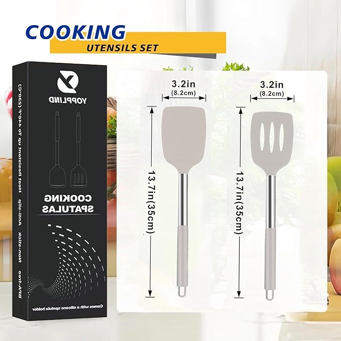 3Piece Silicone Spatula Set, Heat-Resistant, Non-Stick Kitchen Spatulas, BPA-Free, for Eggs, Pancakes, Fish, Woks, Includes Multifunctional shelf spoon pad (khaki)