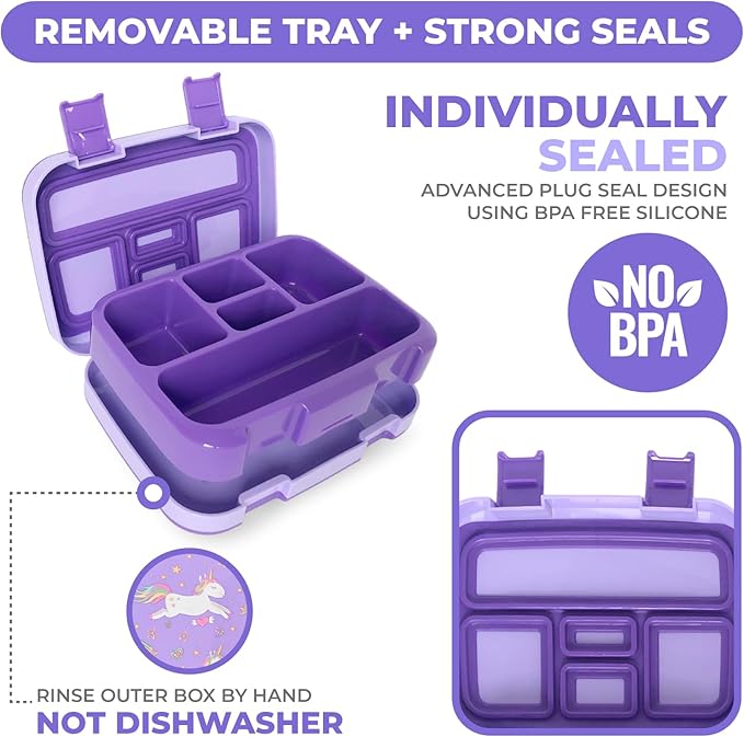 Bento Box Lunch Boxes for Toddlers Kids Girls, 5 Portion Sections Secure Lid, BPA Free Removable Tray, Pre-School Kid Daycare Lunches Snack Container Ages 3 to 5, Loncheras Para Niñas, Purple Unicorn
