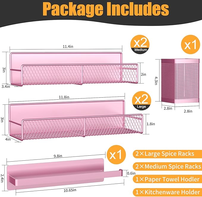 Magnetic Spice Rack for Refrigerator, 6 Pack 100% Metal Strong Magnet Shelf, Space Saving Spice Organizer, Home Kitchen Laundry Room Storage Organization W/ Paper Towel Holder, Utensils Racks (Pink)