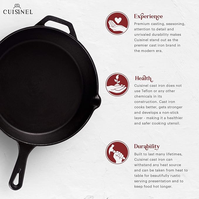 Cast Iron Skillet - 10"-Inch Frying Pan with Pour Spouts + Pan Scraper + Silicone Grip Handle Cover Holder - Pre-Seasoned Oven Cookware - Indoor/Outdoor Use - BBQ, Firepit, Stovetop, Induction Use
