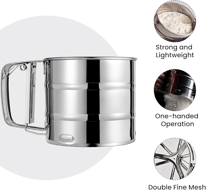 Flour Sifter, Stainless Steel Sifter for Baking, Double Layer Fine Mesh Baking Sifter, One Hand Press Crank Sifter for Powdered Sugar Shaker Duster, Flour Sieve Sifter for Baking Cakes Rondauno