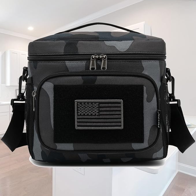 FlowFly Lunch Bag, Insulated Cooler, Thermal Lunch Box Tote with MOLLE/PALS Webbing, Adjustable Padded Shoulder Strap, for Tactical Men Women Adults and Boys Girls Kids (Black#Camo, Medium)