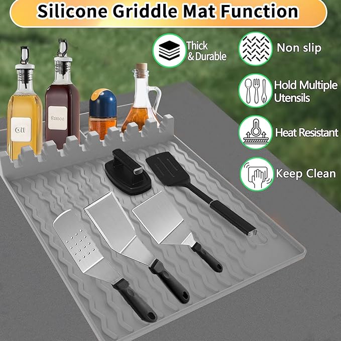 Silicone Grill Mat for Blackstone, Blackstone Griddle Accssories Tools with Drip Pad, Silicone Spatula Mat for Outdoor Grill Kitchen Counter,Grilling Spatula Holder