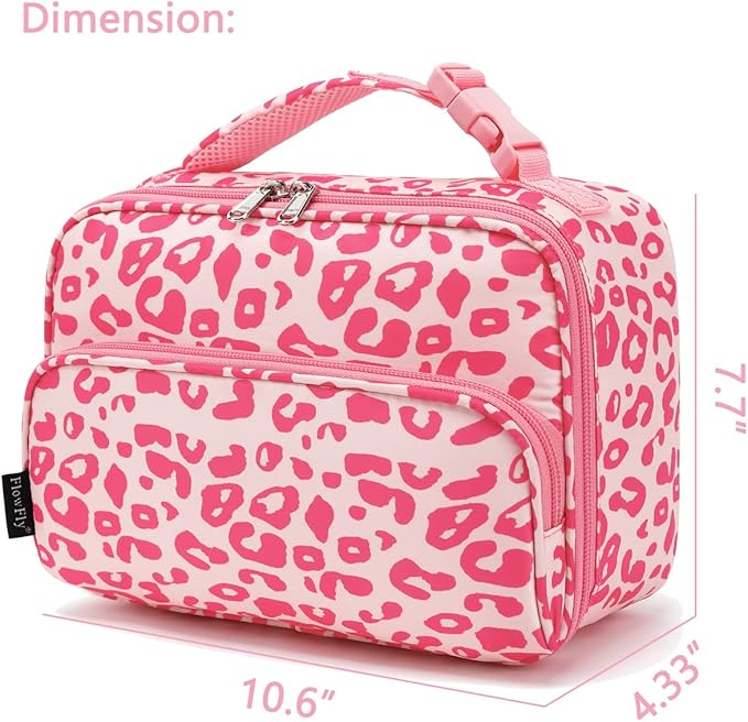 FlowFly Kids Lunch box with buckle Insulated Cooler Back to School Thermal Meal Tote Kit for Girls, Boys, Pink Cow