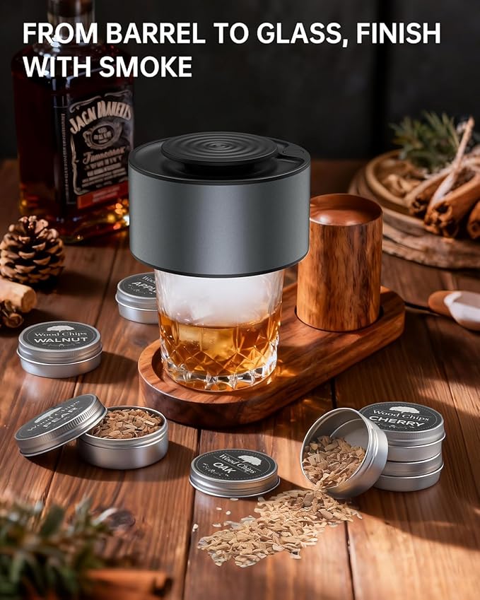 Electric Whiskey Smoker Kit, Rechargeable Bourbon Smoker Kit with 6 Flavors of Natural Wood Chips, Drink Smoker Infuser Kit Cocktail Idea Christmas Birthday Gifts for Men Husband Dad Him