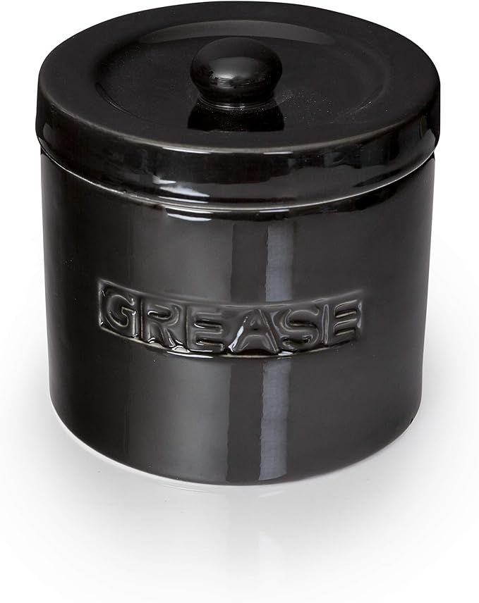 Bacon Grease Saver with Strainer - Ceramic Grease Container 1L Storage Canister | Holds Bacon Fat Drippings | Oil Keeper for Kitchen Counter Storage