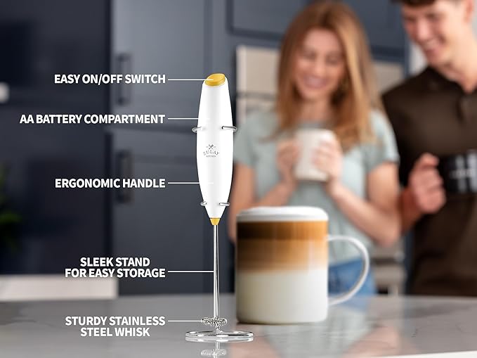 Zulay Premium Gift Milk Frother Set – Handheld Coffee Frother with Stand, 12oz/350ml Frothing Pitcher + 4 Latte Art Stencils – 13,000 RPM Motor, SS Whisk, Battery Operated – Barista Kit (White Gold)