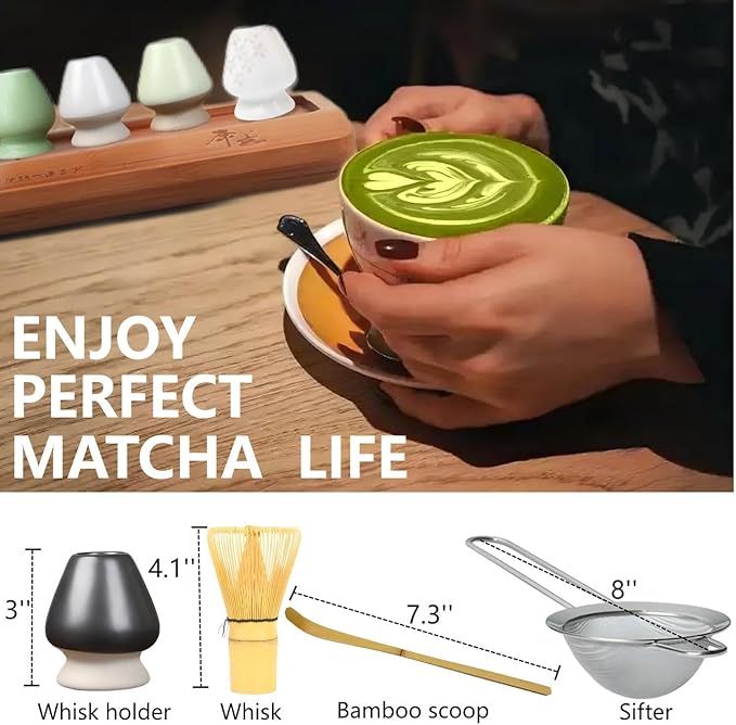Matcha Whisk Holder Matcha Chasen Whisk Stand Ceramic Holder fit for Traditional Japanese Tea Ceremony Starter Matcha Tools Matcha Bowl (Silver sifter Bamboo scoop)