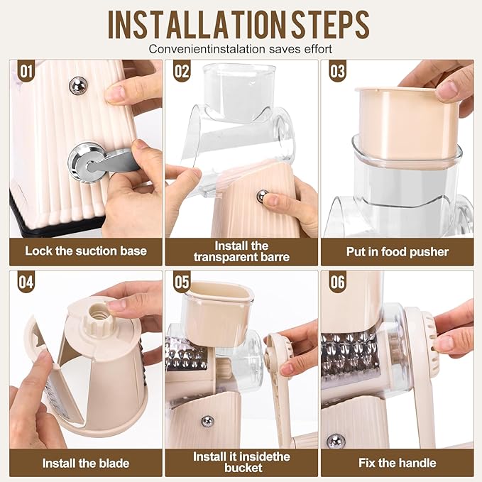 Rotary Cheese Grater with 5 Well-designed Blades & Strong Suction Base, Kitchen Mandoline Vegetable Slicer with Blade Storage Box(Off-white)