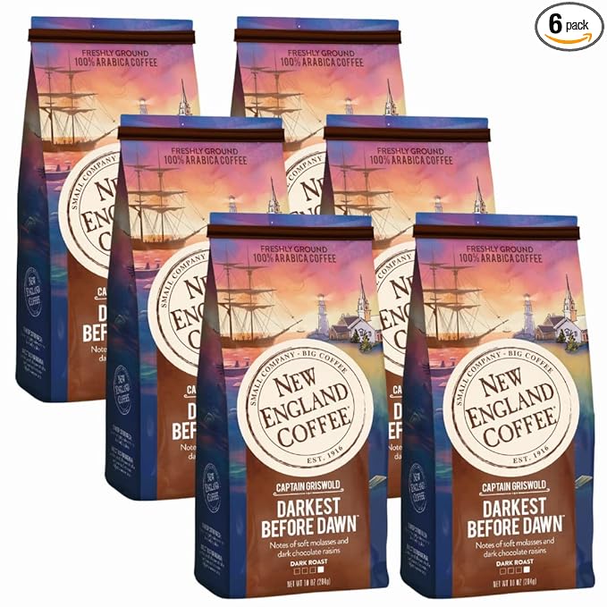 New England Coffee Darkest Before Dawn Dark Roast Ground Coffee, 10oz Bag (Pack of 6)