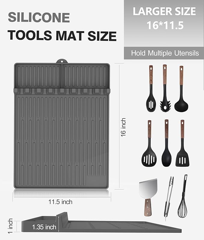 Silicone Griddle Tools Mat for Blackstone - Large Silicone Spatula Mat with Drip Pad - Griddle Mats BBQ Grill Accessories - Side Shelf Mats Grill Pad for Blackstone Griddles Accessories (Gray)