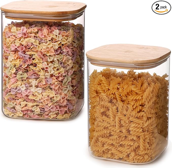 Liuruiyu Glass Food Storage Jars 150 Set of 2,Glass Storage Containers Clear Glass Food Canister with Bamboo Lid Airtight For Serving Tea, Coffee, Flour, Sugar, Candy, Cookie, Spice and More (Square)