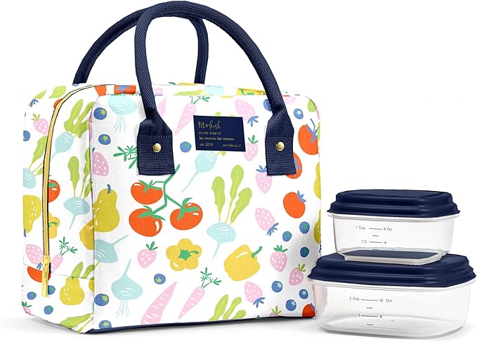Fit & Fresh Bloomington Lunch Bag for Women - Insulated Large Lunch Box for Work with Containers, Leak-Resistant, Stain-Resistant, Zipper Closure, Fruit Print
