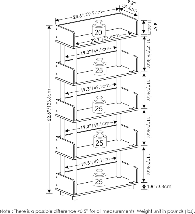 Furinno TURN-N-TUBE 5-Tier Display Shelf, Storage Shelves, Book Shelf, Open Shelves with Rounded Corner Top Edges, for Organization and Storage, Living Room, Home Office, Amber Pine