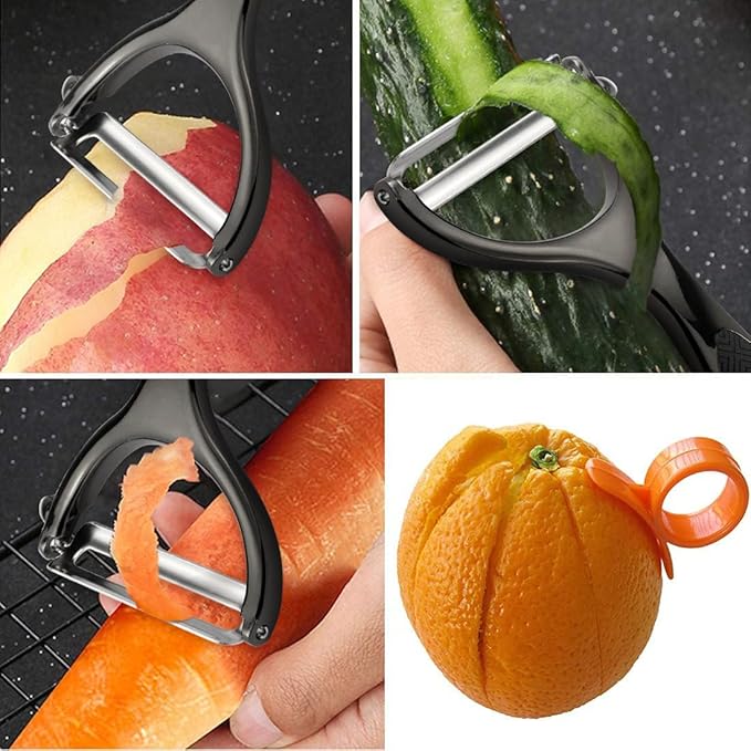 Vegetable Peeler, Potato Peelers for Kitchen Stainless Steel Multi-function Set Fruit Peeler For Kitchen and Household Tools Y & I Shape Swivel Blades with 2 Orange Citrus Peelers(Black)