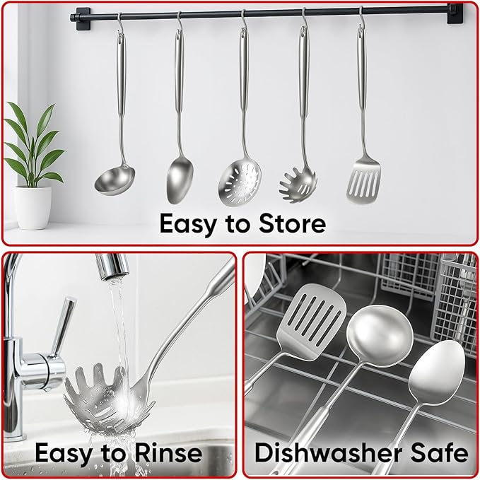 5 Pcs Newness Cooking Utensils Set, 304 Stainless Steel Kitchen Utensils Set, Metal Kitchen Accessories, Include Soup Ladle, Slotted Skimmer Spoon, Spaghetti Spoon and Spatula, Dishwasher Safe