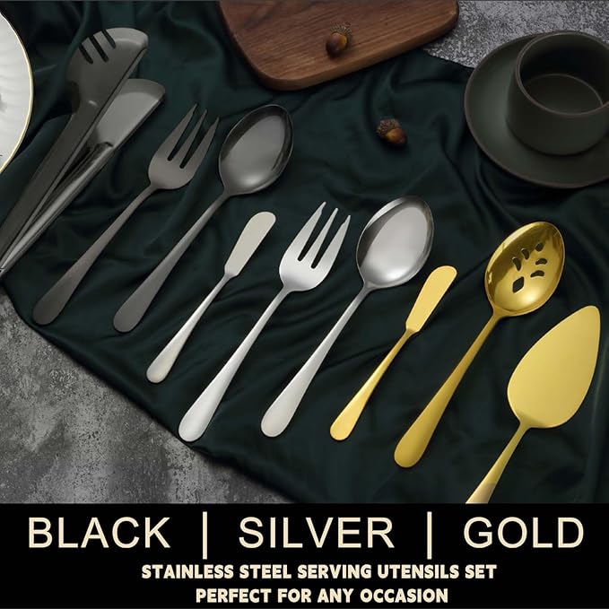 BEWOS Gold Serving Utensils, 20-Piece Serving Utensils set, Gold Serving Spoons, Slotted Spoons, Tongs, Forks, Cake Server, Butter Knife, Stainless Steel Serving Utensils for Parties, Dishwasher Safe
