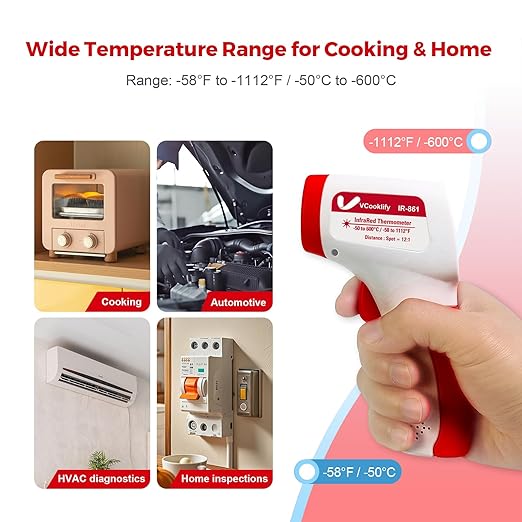 Infrared Thermometer for Meat,Laser Temperature Gun,-58~1112°F,DS 12:1 Digital IR Temp Gun with Adjustable Emissivity&High/Low Alarm,LCD Display Thermal Gun for Food Oven Cooking HVAC
