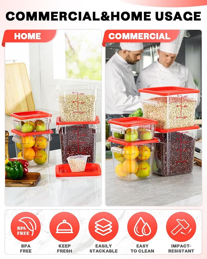 8QT NSF Food Storage Containers: 8 PCS[Food Grade][Hot&Cold Resistant] Clear Food Storage Containers with Scales Handles for Home Restaurant Kitchen Storage Pizza Proof Dough, BPA Free (N6)