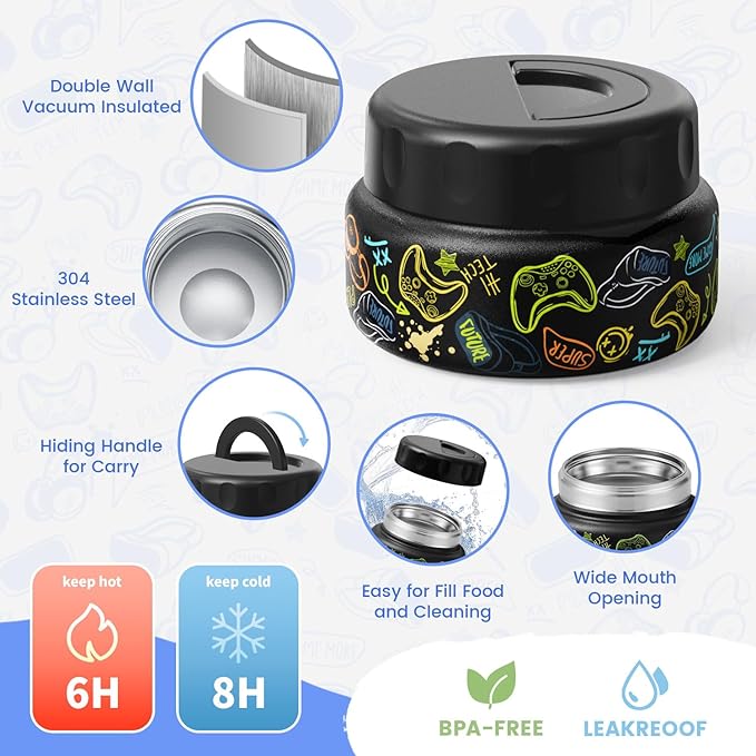 Kids Bento Lunch Box with Thermos, Leakproof Toddler Bento Box with 9 OZ Insulated Food Jar, Lunch Bag & Utensils 3 or 4 Compartment Container for School Girls Boys