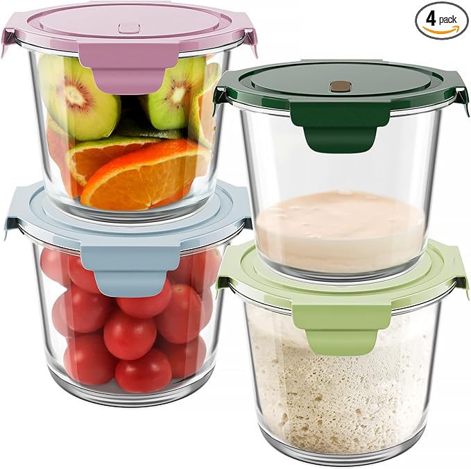 23oz Glass Meal Prep Containers with Lids, Airtight 3-Cup Glass Storage Containers Set, Heat-Resistant BPA-Free for Soup, Leftover, Microwave, Dishwasher, Fridge and Freezer Safe (4 Packs)