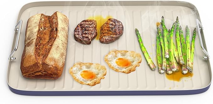 SafBbcue 20" x 13" Ridged Surface Griddle Pan, Double Burner Non-Stick Ceramic Coated, for Outdoor Gas Pellet Grill Stove Top, Oven & Broiler for Weber Charbroil Camp Chef Grill, Blue