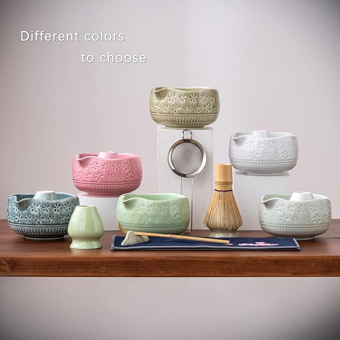 Matcha Whisk Set, Ceramic Matcha Kit Set Includes Matcha Bowl, Matcha Whisk and Holder, Bamboo Scoop, Scoop Rest, Sifter and Tea Towel - 7 Pcs Matcha Kit for Matcha Lovers (Green)