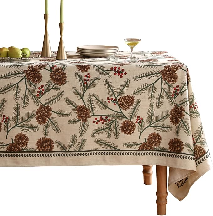 ISAENNE Designer Christmas Beige Linen Small Rectangular Tablecloth,Pinecones Pattern Indoor Tablecloths,Washable Decor Table Cloth for Dining Thanksgiving Kitchen Christmas,55"*71"-Carol B