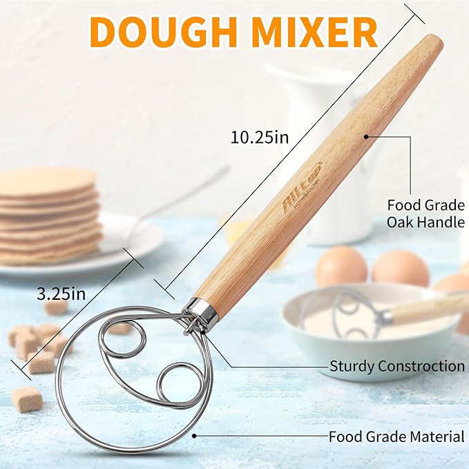 ALLTOP Danish Dough Whisk - Ultimate Dutch Mixer Hand Utensil with Stainless Steel Dough Hook - Essential Sourdough Stirring Stick for Perfect Bread Making Tool