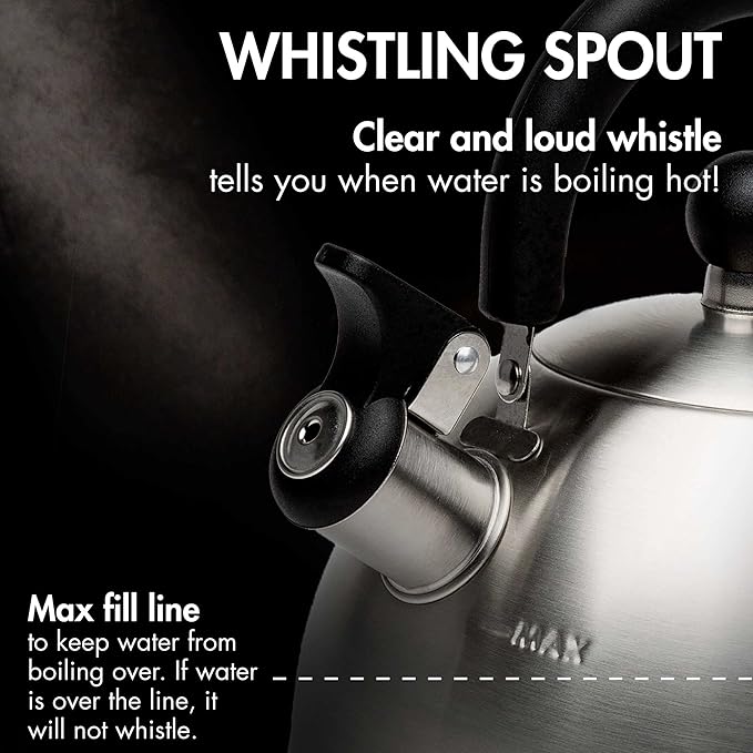 Primula Stewart Whistling Stovetop Tea Kettle Food Grade Stainless Steel, Hot Water Fast to Boil, Cool Touch Folding, 1.5-Quart, Brushed with Black Handle