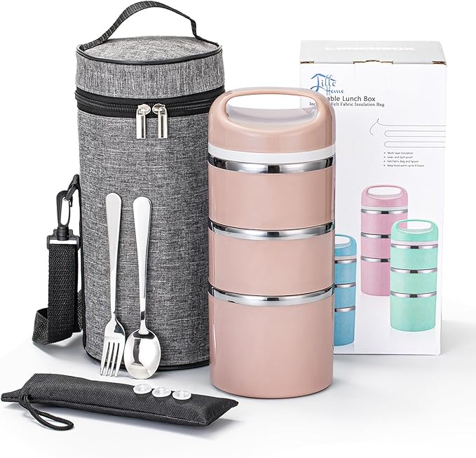Lille Home Stackable Stainless Steel Thermal Compartment Lunch/Snack Box, 3-Tier Insulated Bento/Food Container with Lunch Bag, Utensils Set and Three Extra Seals, 43OZ (Gold)