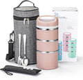 Lille Home Stackable Stainless Steel Thermal Compartment Lunch/Snack Box, 3-Tier Insulated Bento/Food Container with Lunch Bag, Utensils Set and Three Extra Seals, 43OZ (Gold)