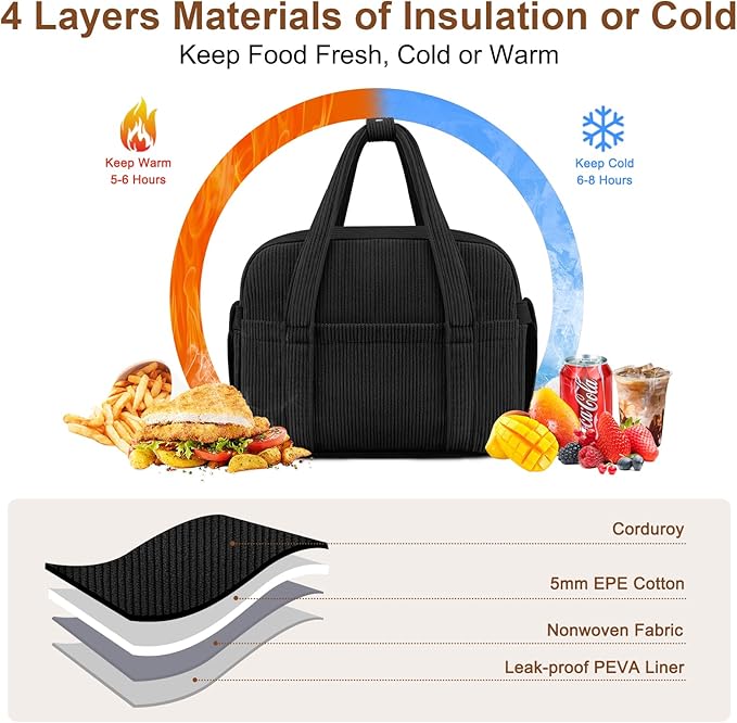 Corduroy Lunch Box Lunch Bag for Women Men, Cute Strawberry Small Insulated Reusable Work Leakproof Simple Lunch Boxes Tote Bag Adults Cooler Bag