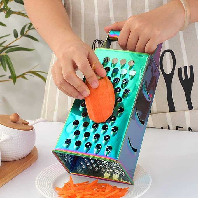4 Sides Box Grater For Kitchen,Stainless Steel Cheese Grater With Handle,Multi-Function Vegetable Slicer Food Shredder For Chees,Ginger,Vegetables,Rainbow