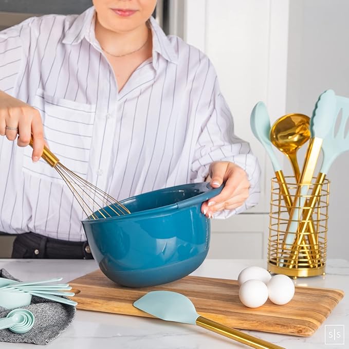 Teal Blue Kitchen Utensils Set with Holder – 17-Piece Nonstick Safe Cooking Utensils with Gold Utensil Holder – Stylish Teal Blue Kitchen Accessories for Cooking and Baking