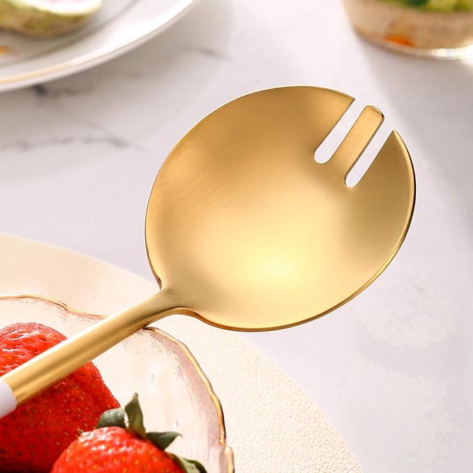 Lemeya White Gold Salad Serving Utensils,Serving Spoons Stainless Steel,2Pcs Long Handle Salad Servers 11.42 Inch,Salad Utensils for Serving,Matte Finish,Dishwasher Safe