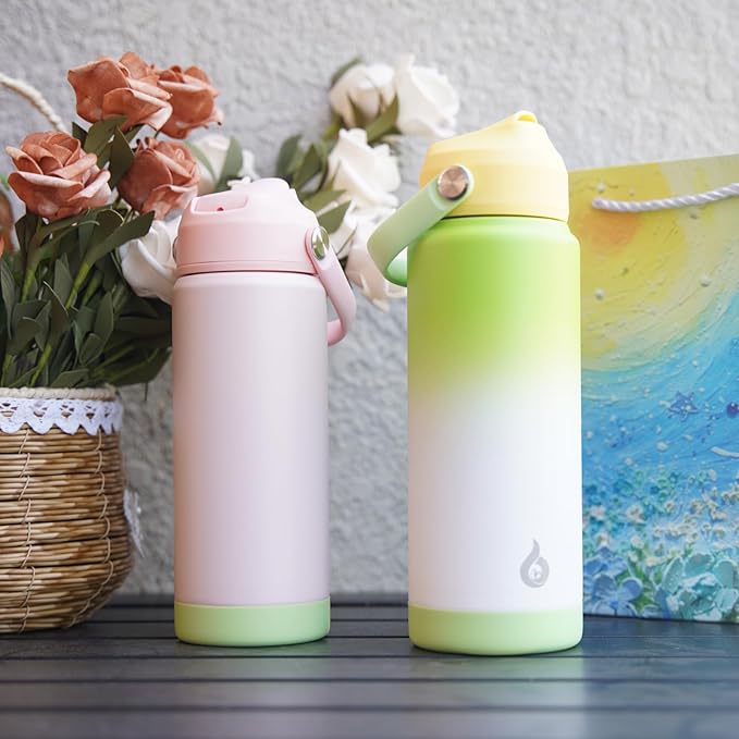 BJPKPK Insulated Water Bottle with Straw Lid, 18oz Thermo Water Bottles, Flex Handle & Non-slip Boot, BPA Free Leak Proof Stainless Steel Metal Thermo, Tumblers, Cups,Pearl Pink