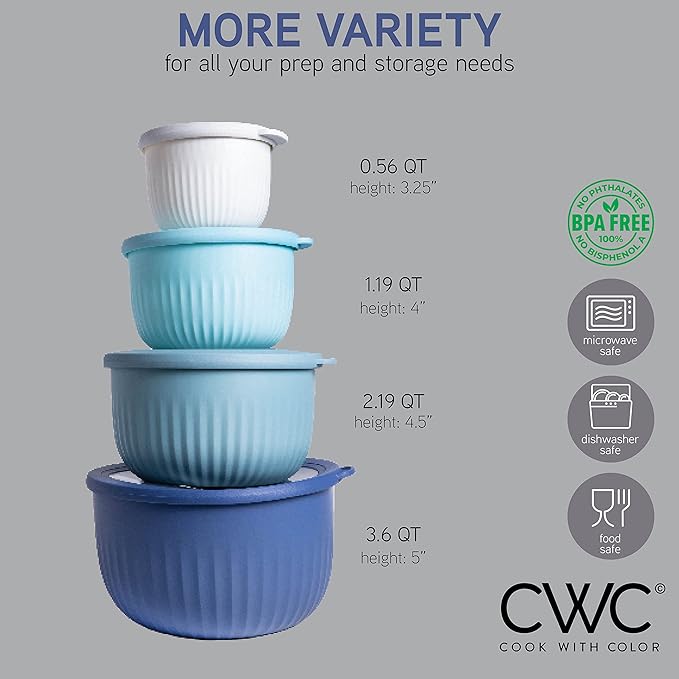 COOK WITH COLOR Prep Bowls with Lids- Wide and Deep Nesting Plastic Small Mixing Bowl Set with Lids, 8 Piece Set - Deep Bowls, Blue