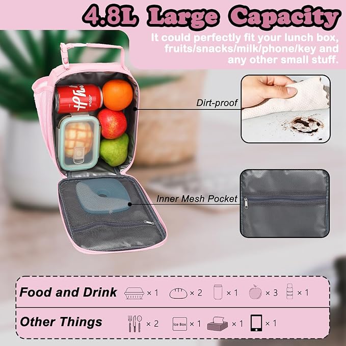 FlowFly Lunch box Insulated Soft Bag Mini Cooler Back to School Thermal Meal Tote Kit With Buckle and Mesh Side Pocket for Girls, Boys, PinkWithLetter