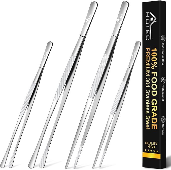HOTEC Kitchen Tweezers Tongs Stainless Steel, Set of 4-10" and 12inch Extra-Long Food Tweezers Fine Kitchen Tongs for Cooking,Grill and Baking