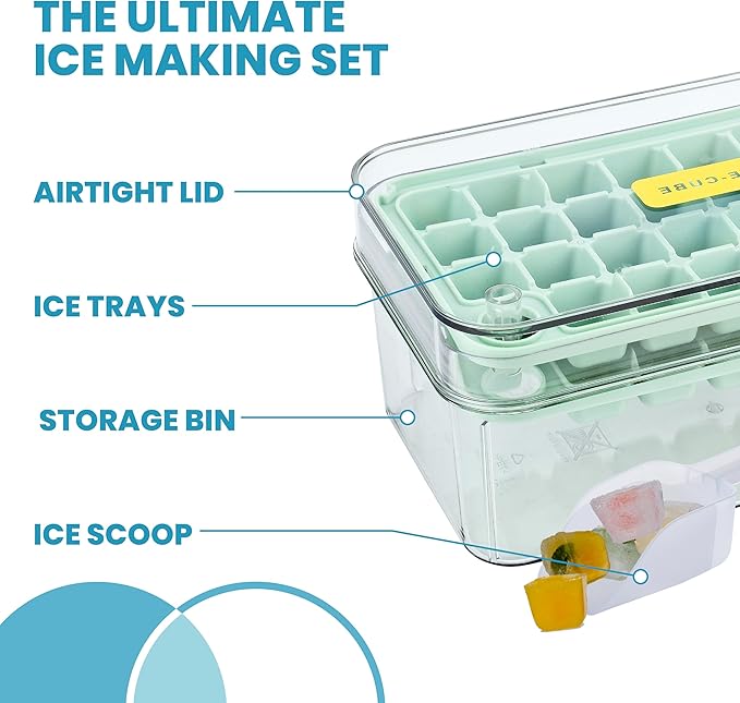 Yoove Ice Cube Tray with Lid and Bin | Press and Easy to Release Ice Cube Trays for Freezer | 2 Ice Tray, 60 refreshing Ice Cubes | Ice Molds for Fruits, Soda, Cocktails, Whiskey, Iced Coffee and Wine