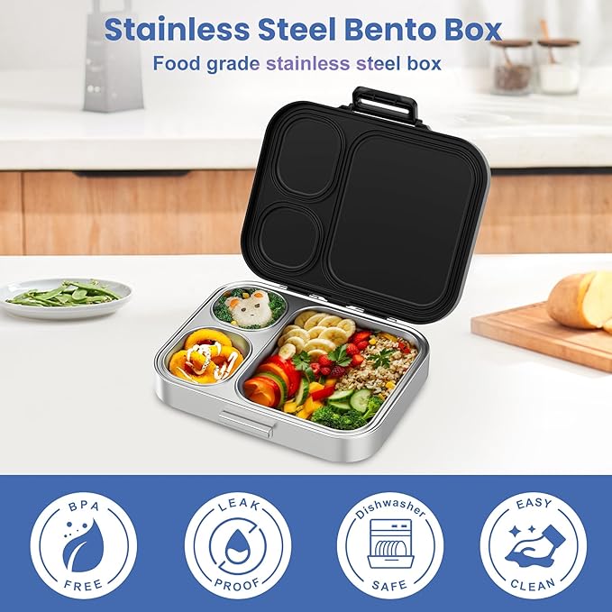 Stainless Steel Bento Lunch Box for Kids | 3-Compartment Lunch Box Container Kids | 100% Leakproof, Eco-Friendly, Perfect Portion Control for Kids&Adult Healthy Meals (Black)