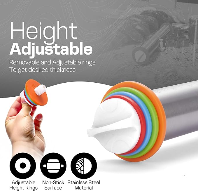17 Inch Adjustable Stainless Steel Rolling Pin with 4 Thickness Rings & Non-Stick Pastry Mat – Professional Dough Roller for Pizza, Cookies, Pasta & Pies - Red