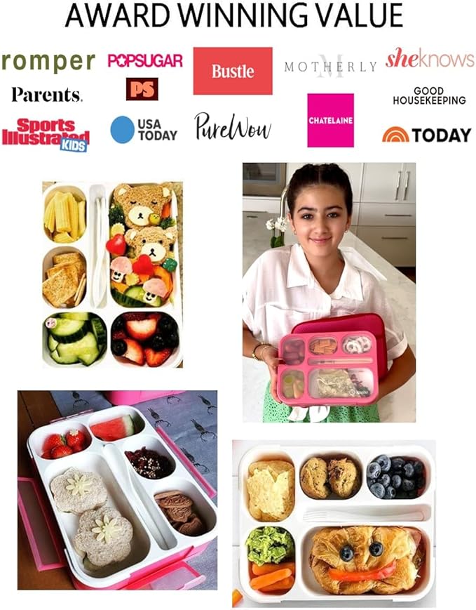 Bento-Box Lunch-box Containers for Kids Girls Toddler Women, 6 Compartment School Portion Container Kit, Meal or Snack Boxes for School Daycare Travel, BPA-Free Pink