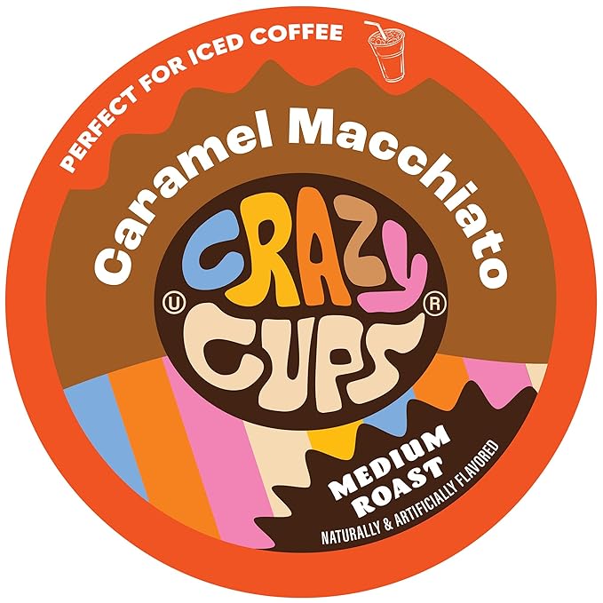 Crazy Cups Flavored Coffee for Single Serve Keurig K-Cups Machines, Caramel Macchiato, Hot or Iced, Medium Roast in Recyclable Pods, Brown(Pack of 1, 22 Count Total)