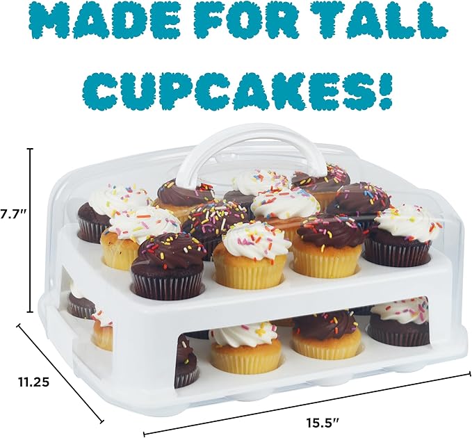 EXTRA TALL Cupcake Carrier 24 Count, 24 Cupcake Holder with Lid -Spacious 3.5” Tall Tiers Accommodate 24 Tall Frosted Cupcakes, Won't Smush! Cupcakes Containers Muffin Storage Container/ Muffin Holder