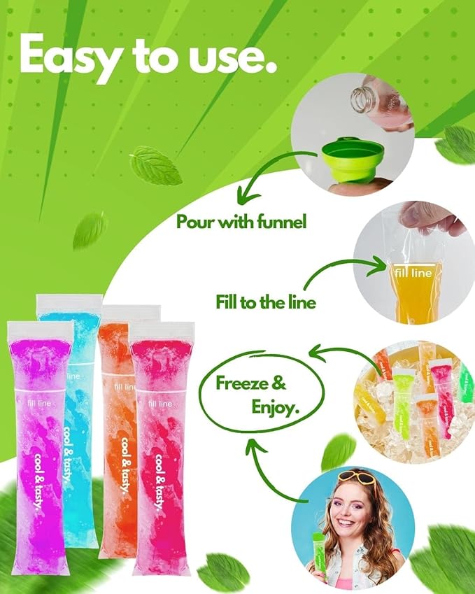150 Disposable Popsicle Mold Bags with Zip Seals, 8x2" Freezer Tubes for DIY Ice Pops, Yogurt, Juice & Fruit Smoothies - Includes Funnel, BPA-Free, Ice Pop Molds