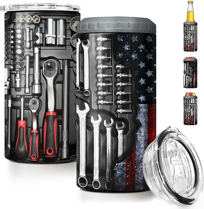 SANDJEST Mechanics Tumbler Machanic Dad Tool Box 4 in 1 12oz Tumbler Can Cooler Coozie Skinny Stainless Steel Tumbler Gift for Daddy Father Papa Christmas Birthday Fathers Day